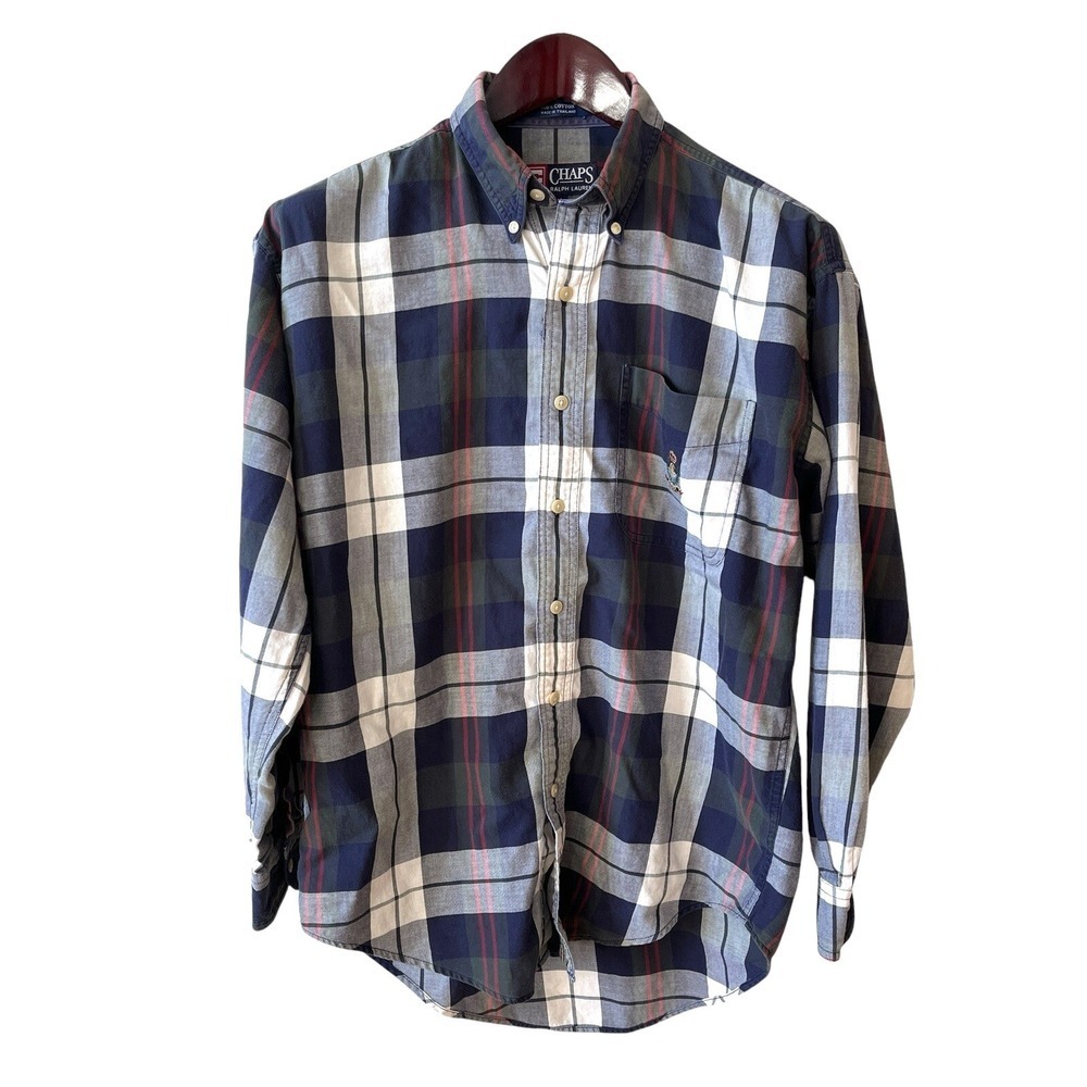 Vintage Ralph Lauren Chaps Shirt Mens M Blue Plaid Cotton Long Sleeve Crest Logo